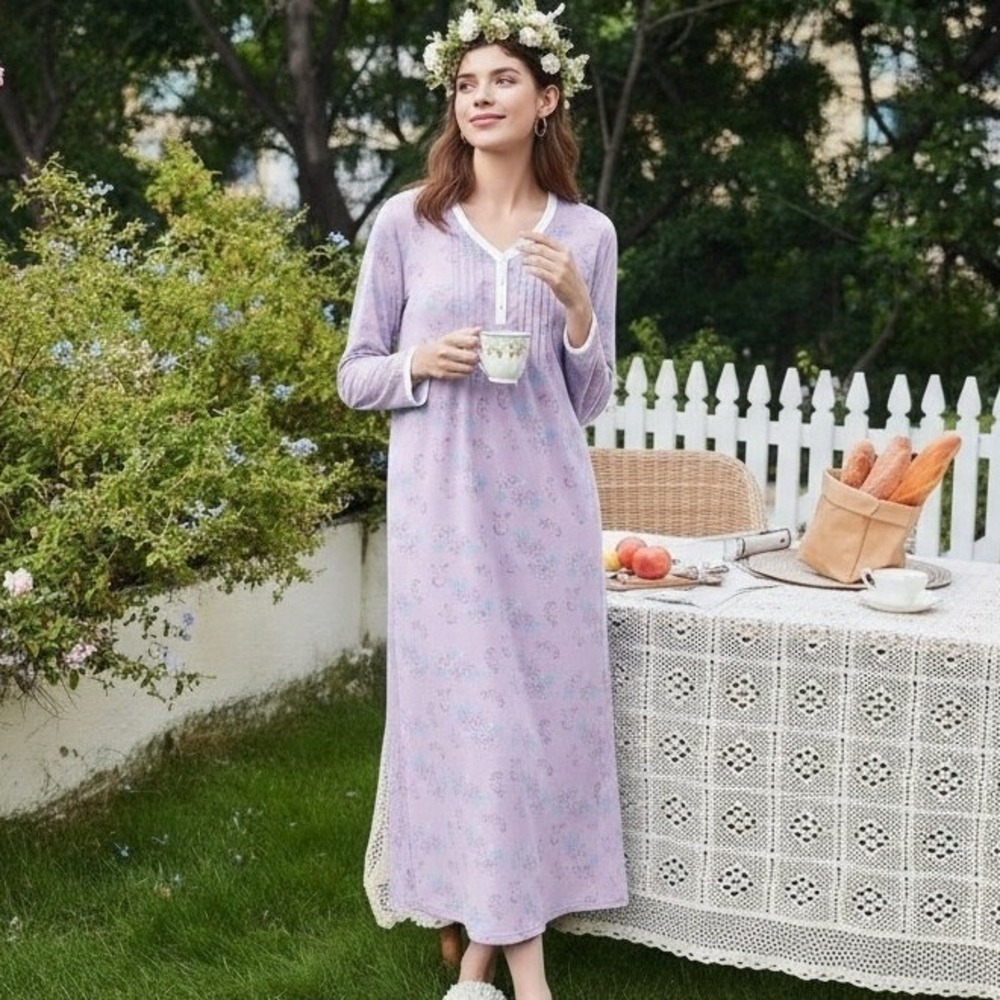Ekouaer Womens Long Sleeve Cotton Nightgown Floral Lavender Purple‎ Maxi XL NEW